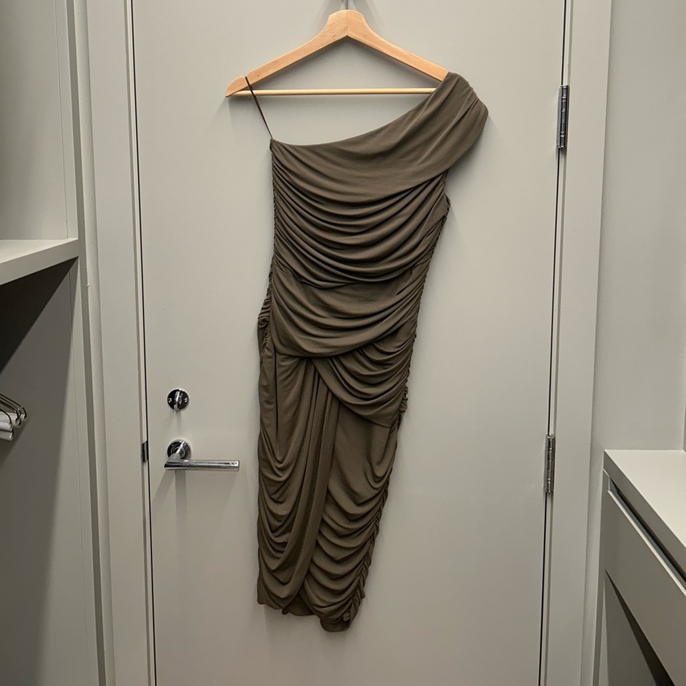 Michael Kors: Olive Green Toga Drape Ruched Dress